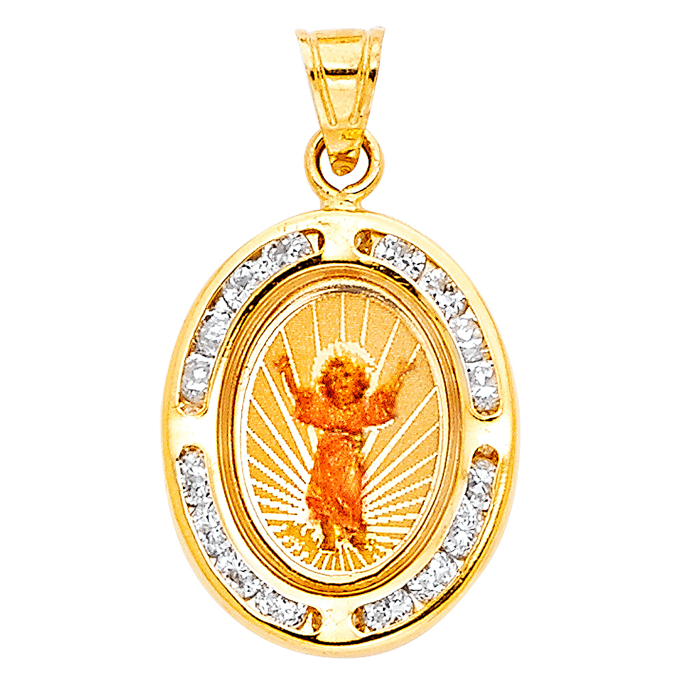 14K Yellow Gold Small Religious Cz Divine Infant Jesus Medal Charm Pendant